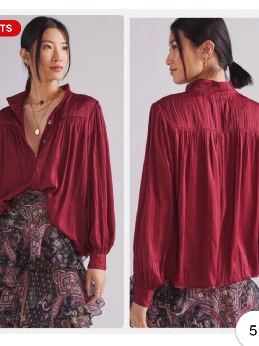 Anthropologie Wine-Red Satin Button Front Blouse